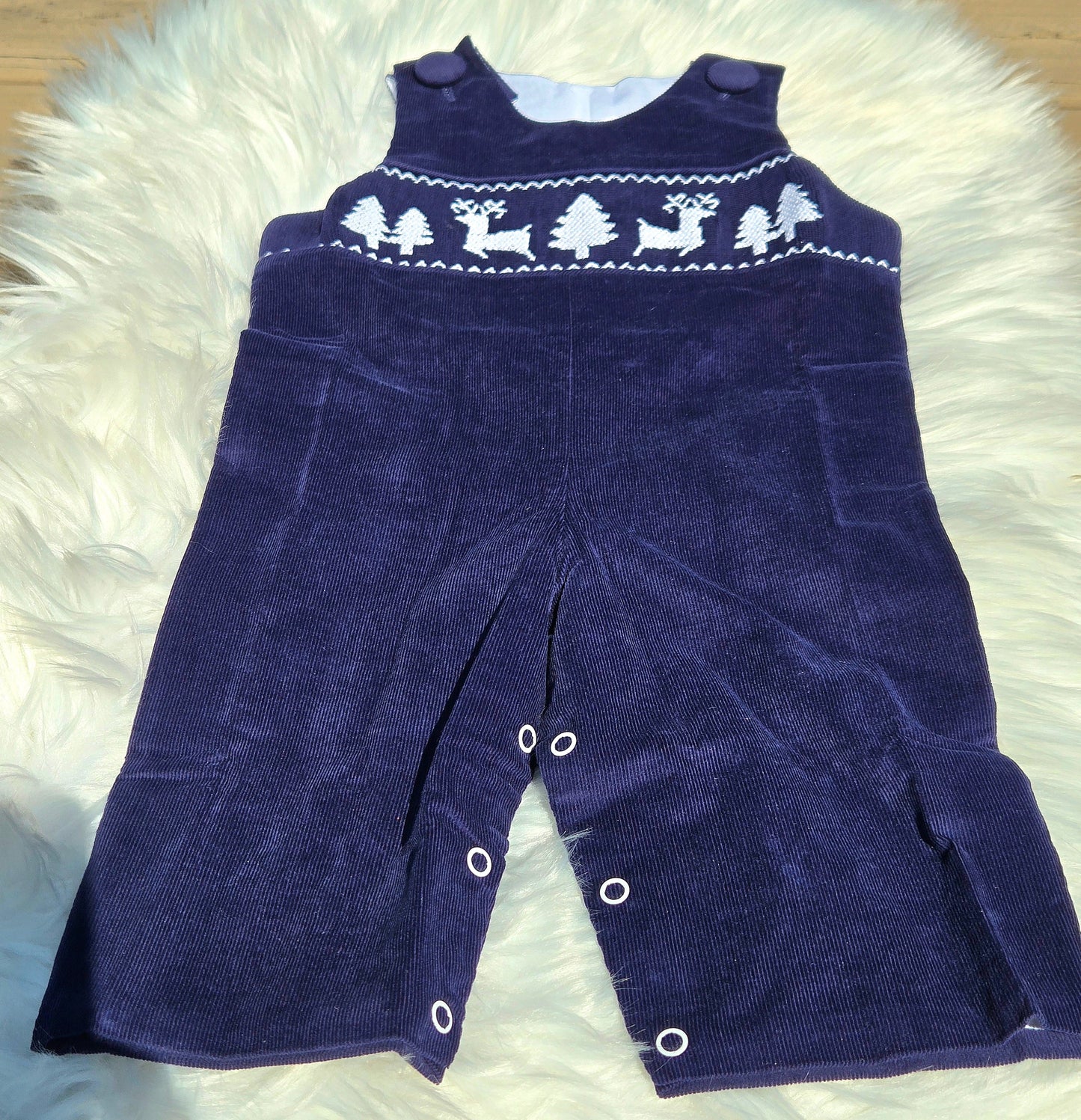 Navy Blue Winter Wonderland Corduroy Hand Smocked Long Jon Dovie Jane