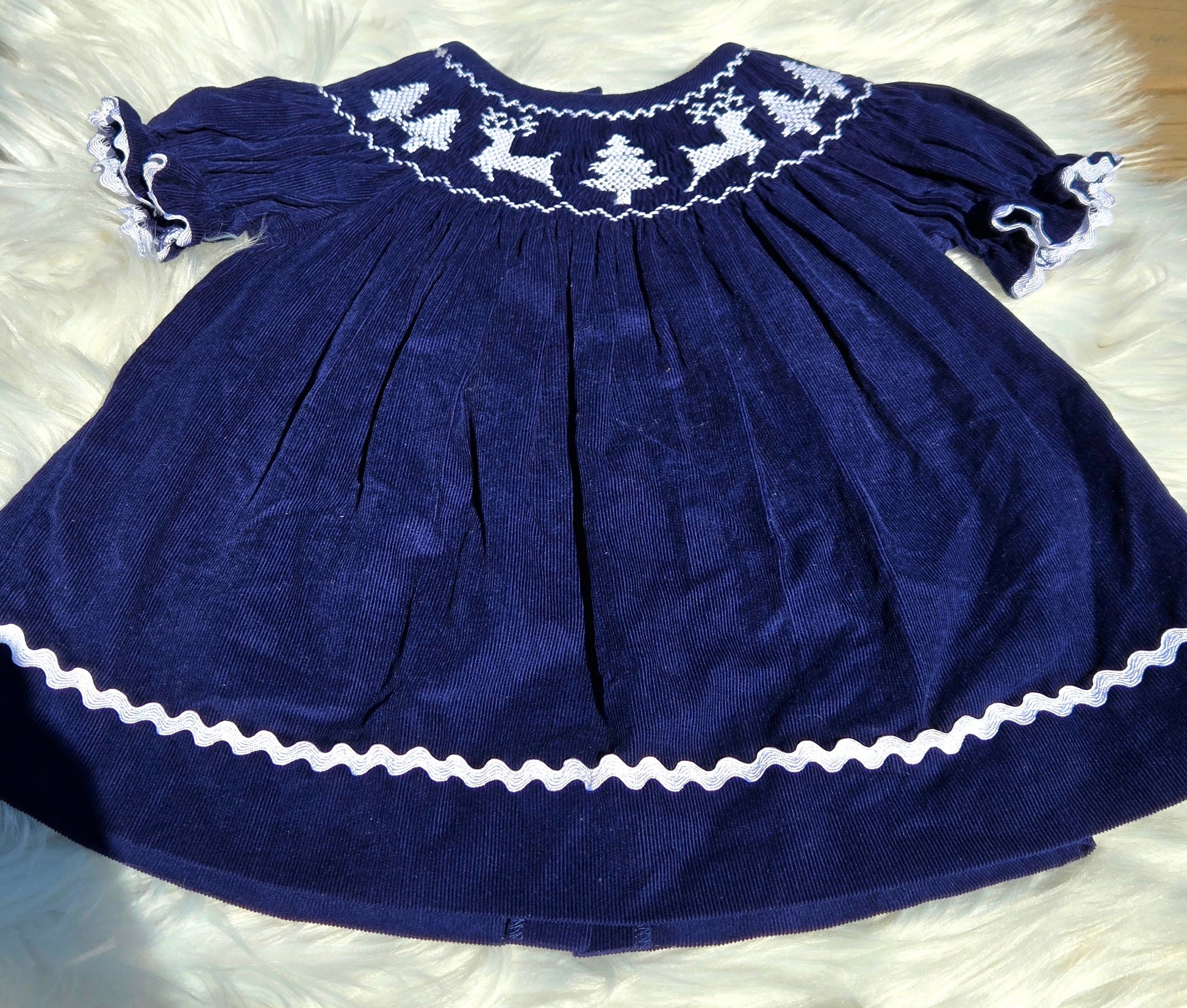 Navy Blue Winter Wonderland Corduroy Hand Smocked Bishop Dress Dovie Jane