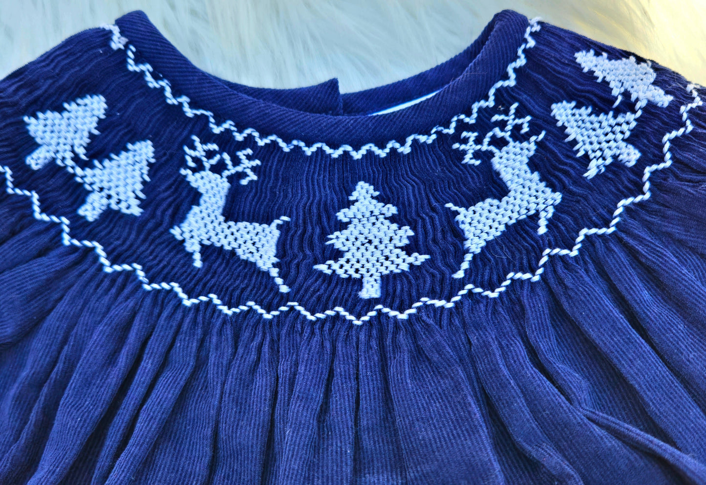 Navy Blue Winter Wonderland Corduroy Hand Smocked Bishop Dress Dovie Jane