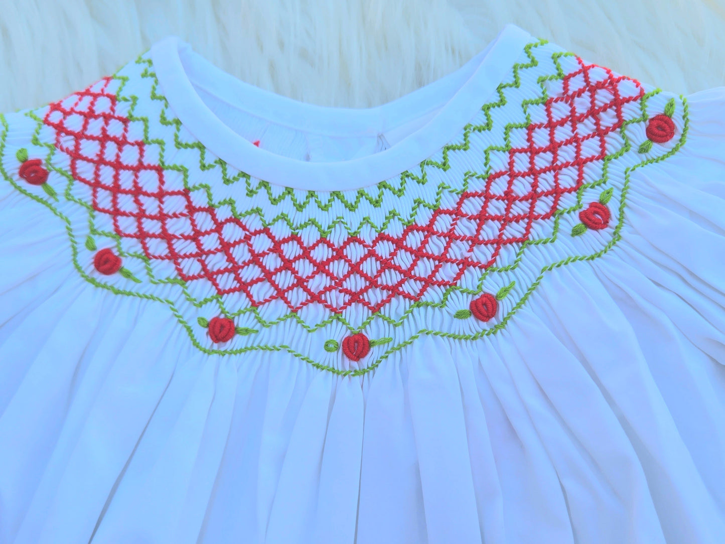 White Christmas Roses Hand Smocked Bishop Dress Dovie Jane