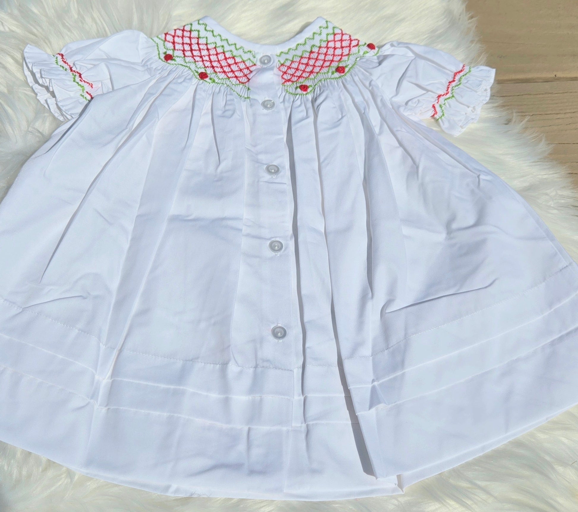 White Christmas Roses Hand Smocked Bishop Dress Dovie Jane