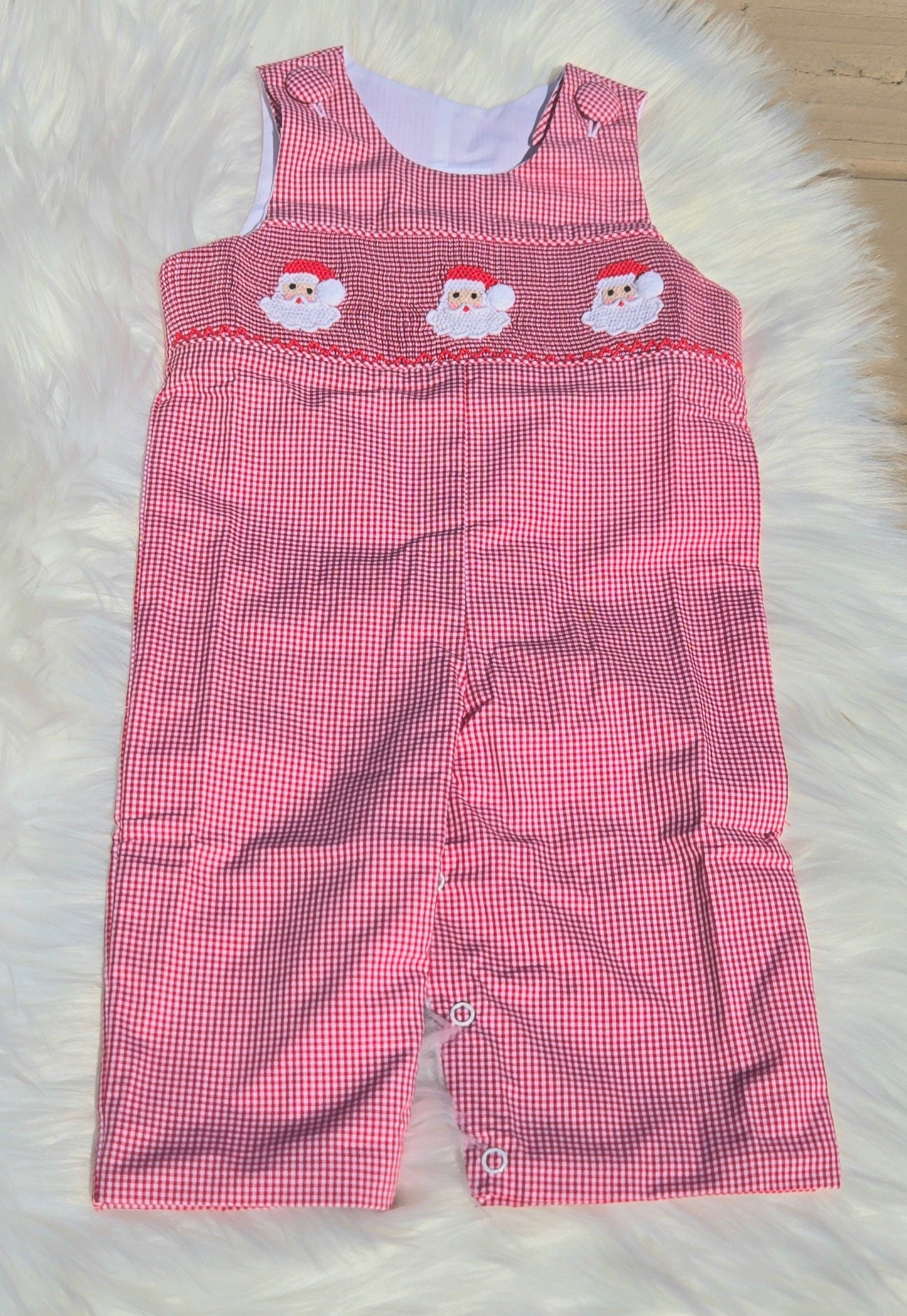 Red Gingham Santa Hand Smocked Long Jon Dovie Jane