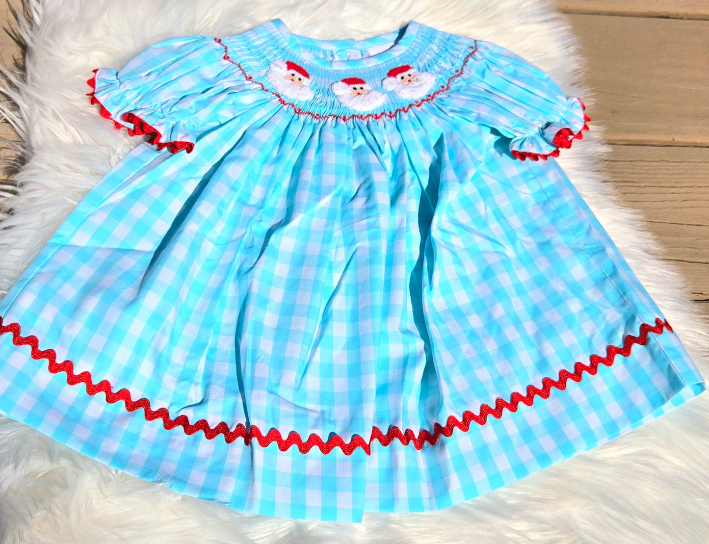 Mint Gingham Santa Hand Smocked Bishop Dress southernsweetpea