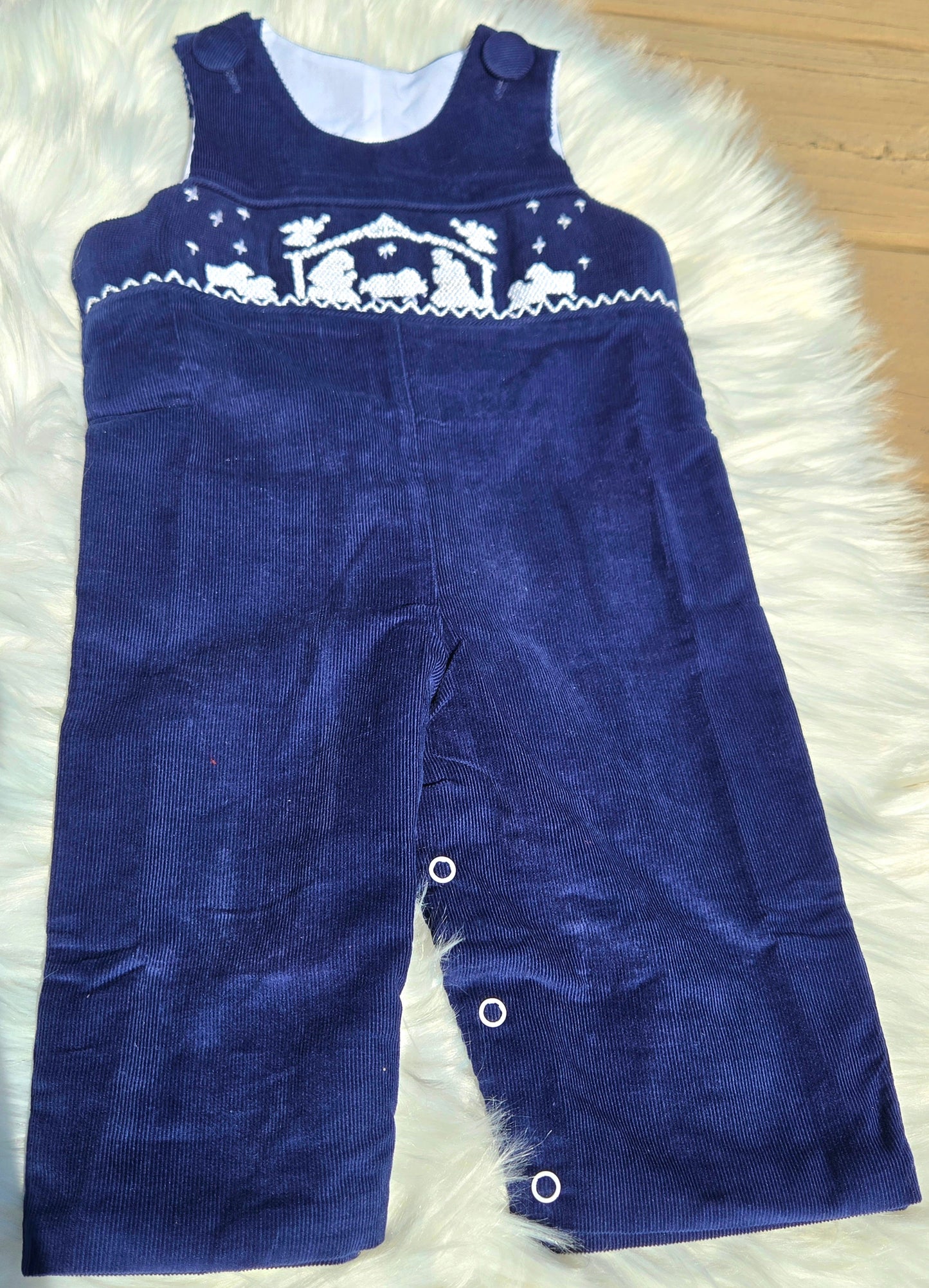 Navy Blue Nativity Corduroy Hand Smocked Long Jon Dovie Jane