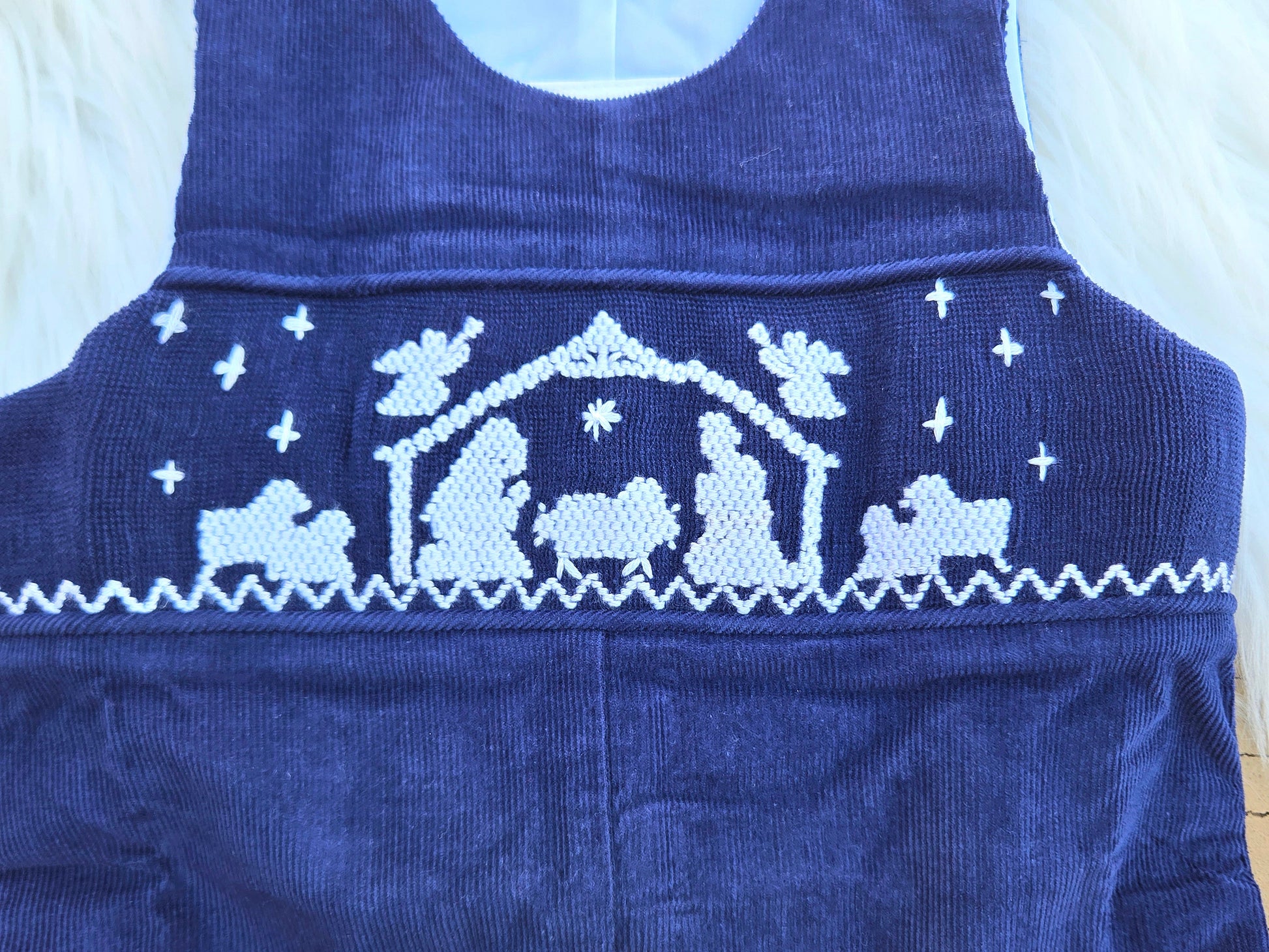 Navy Blue Nativity Corduroy Hand Smocked Long Jon Dovie Jane