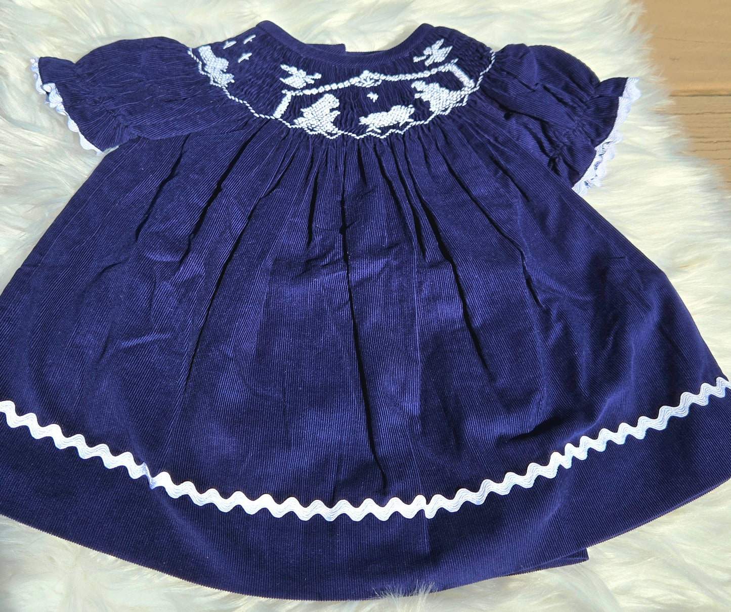 Navy Blue Nativity Corduroy Hand Smocked Bishop Dress Dovie Jane