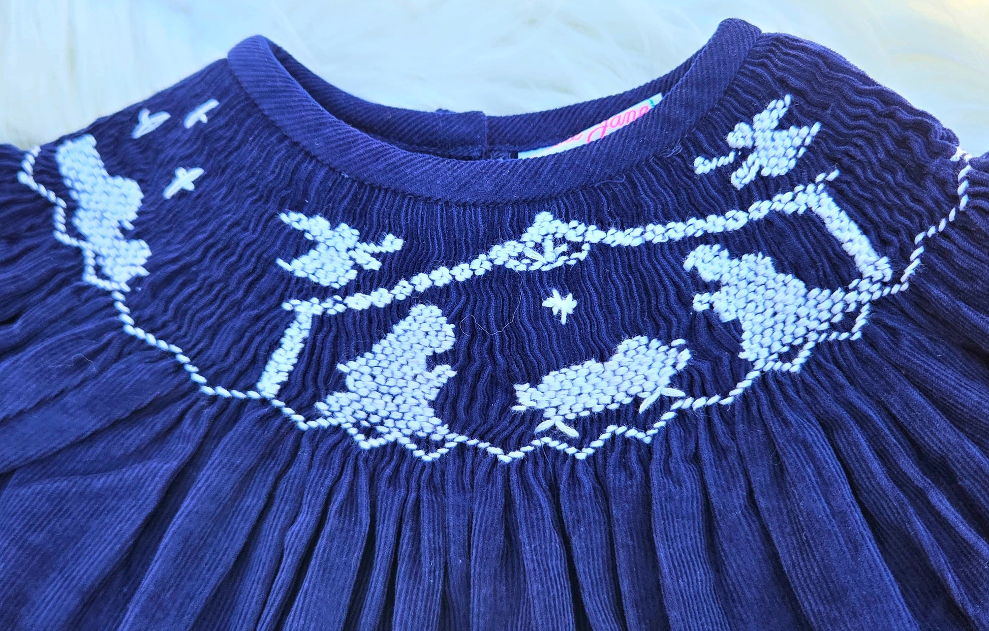 Navy Blue Nativity Corduroy Hand Smocked Bishop Dress Dovie Jane