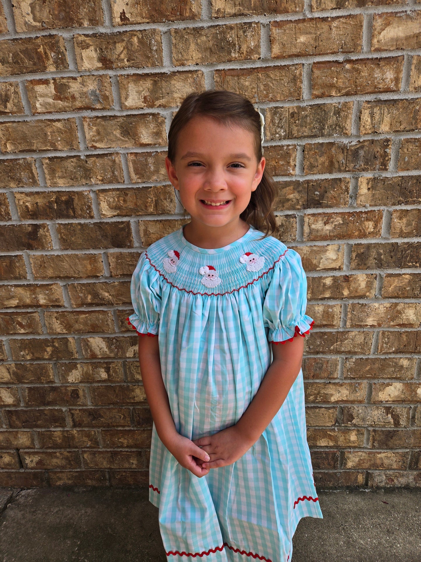 Mint Gingham Santa Hand Smocked Bishop Dress Dovie Jane