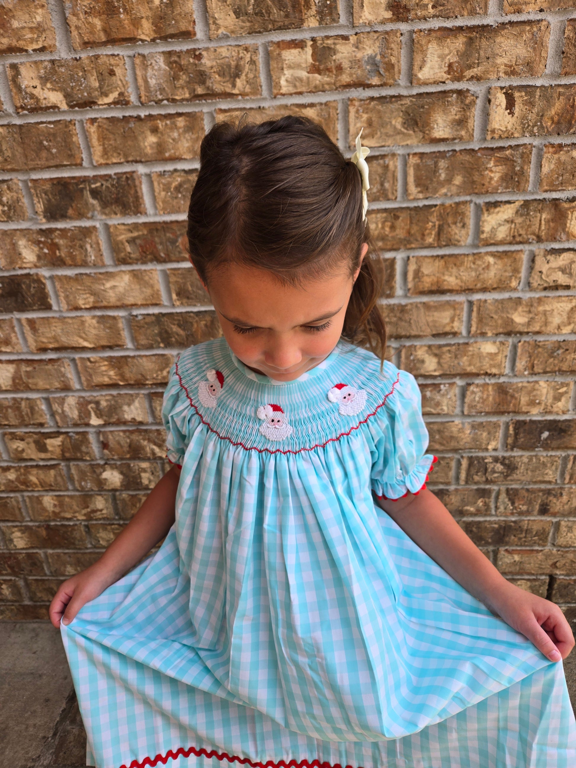 Mint Gingham Santa Hand Smocked Bishop Dress Dovie Jane