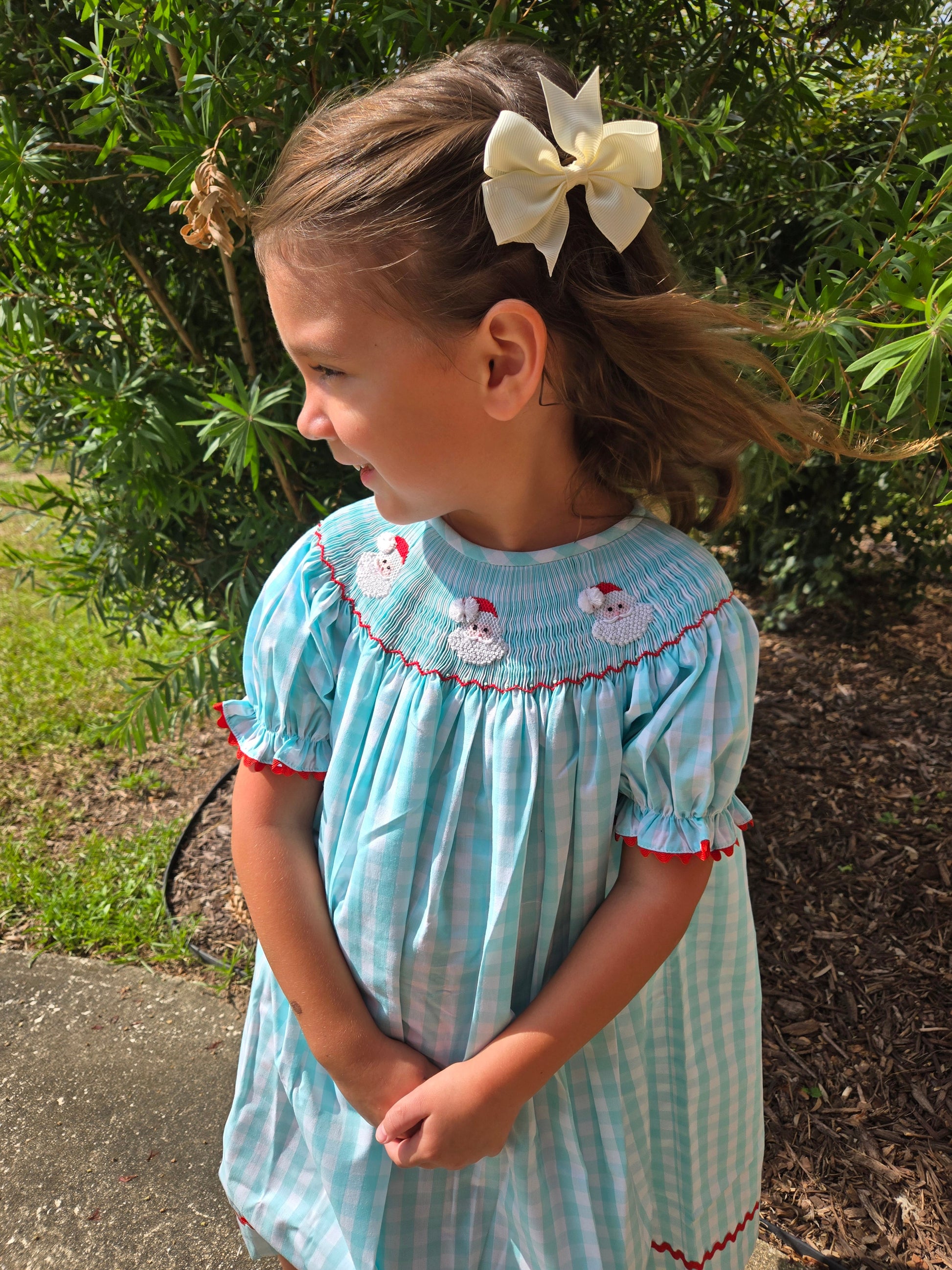 Mint Gingham Santa Hand Smocked Bishop Dress Dovie Jane