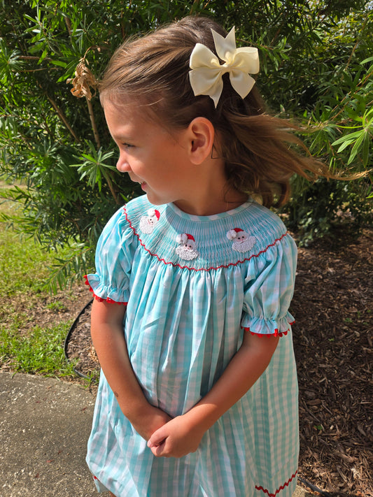 Mint Gingham Santa Hand Smocked Bishop Dress Dovie Jane
