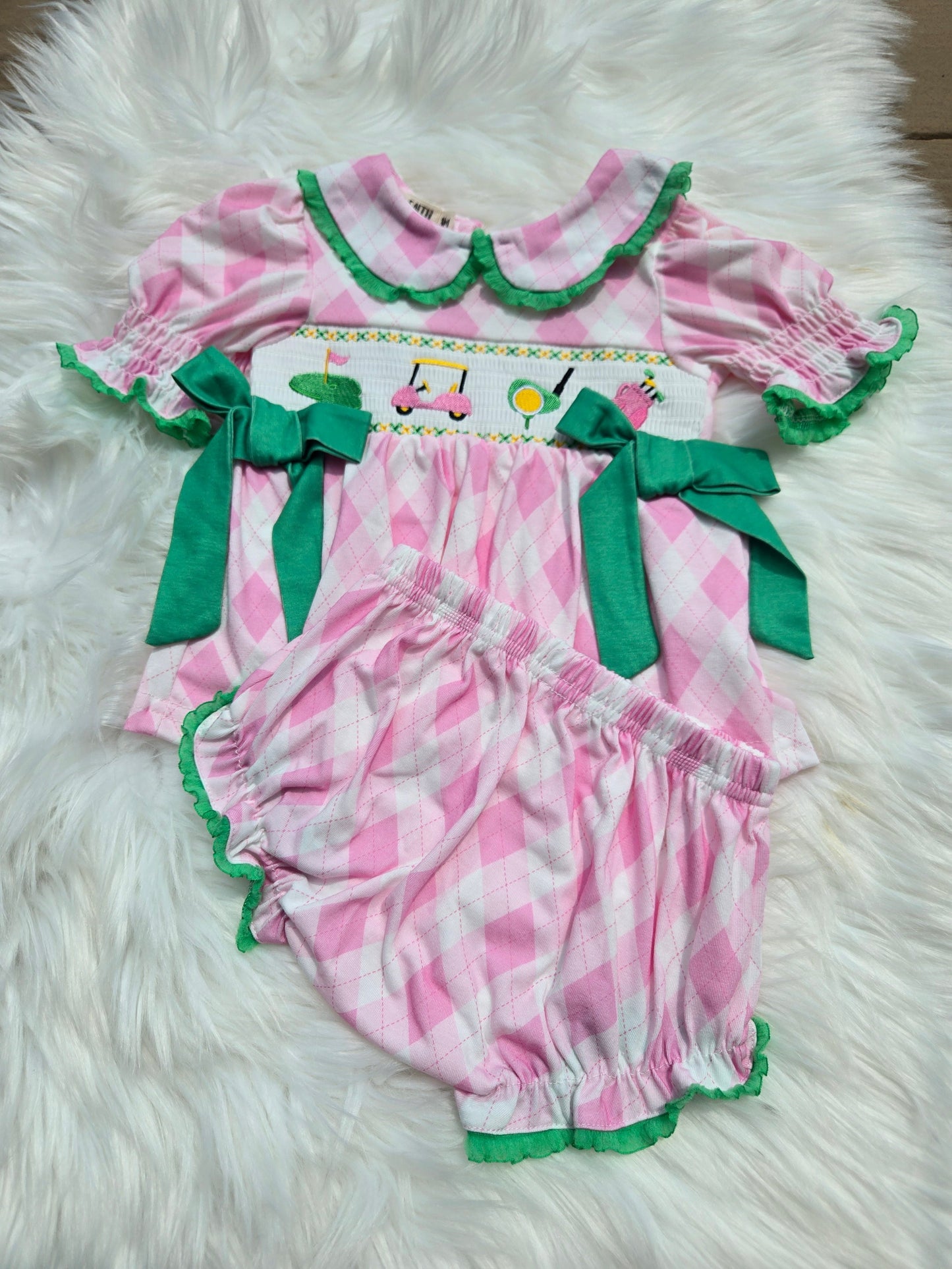 Spring Golf Embroidered Baby Girls Smocked Bow Bloomer Set Rylee Faith
