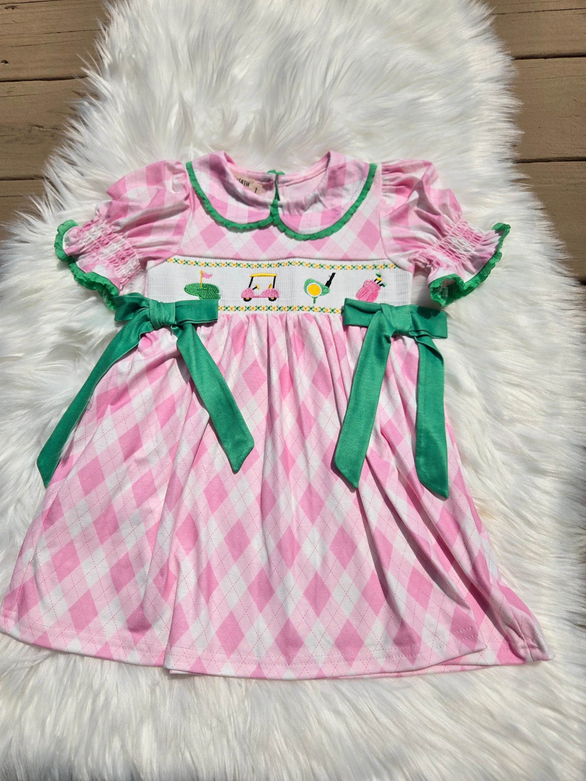 Spring Golf Embroidered Baby Girls Smocked Bow Dress Rylee Faith