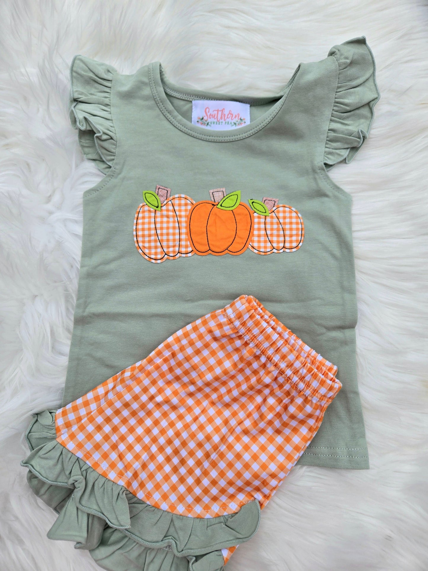 Green Pumpkin Applique Collection Girl Shorts Set Boyis