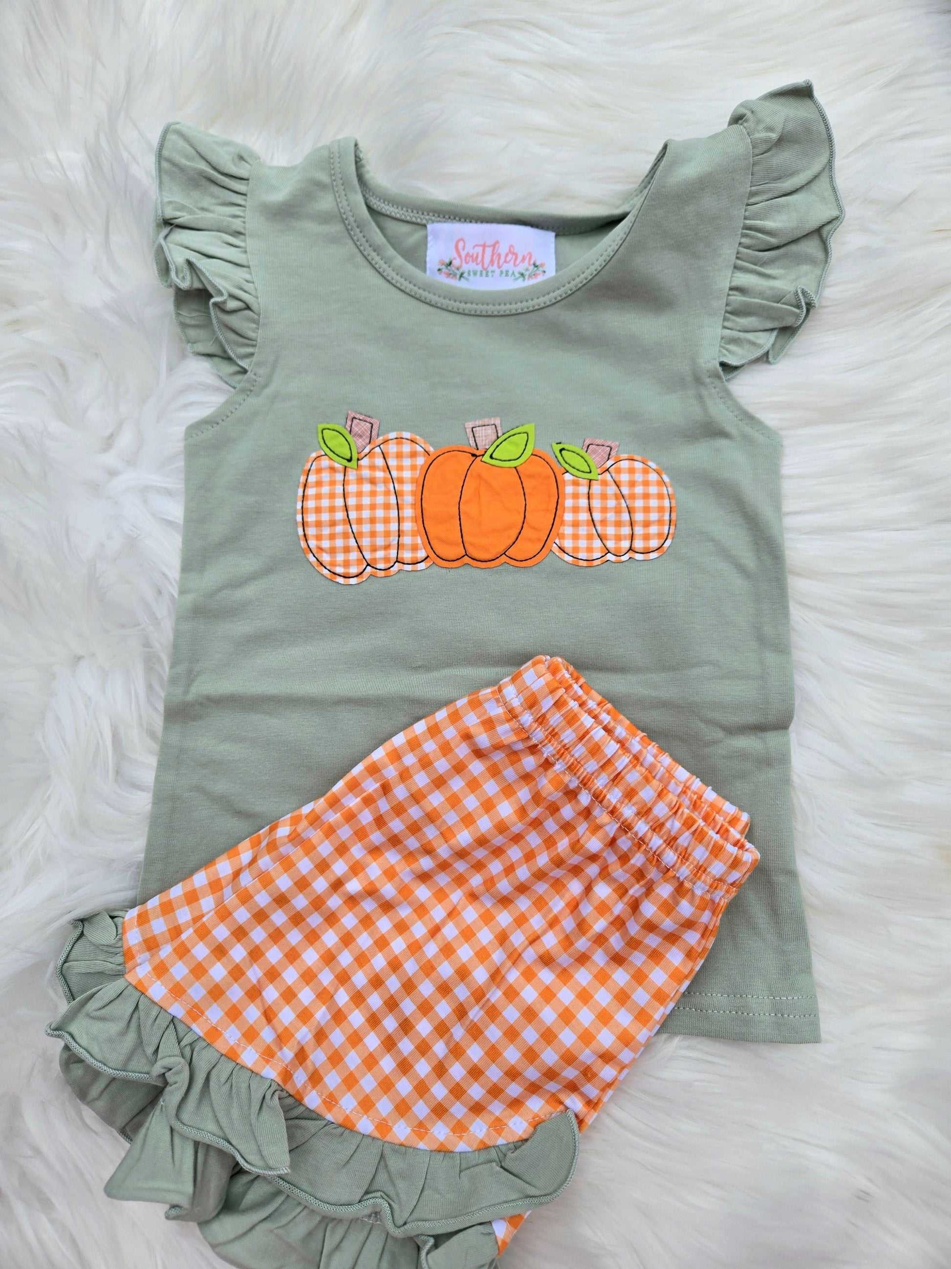 Green Pumpkin Applique Collection Girl Shorts Set Boyis