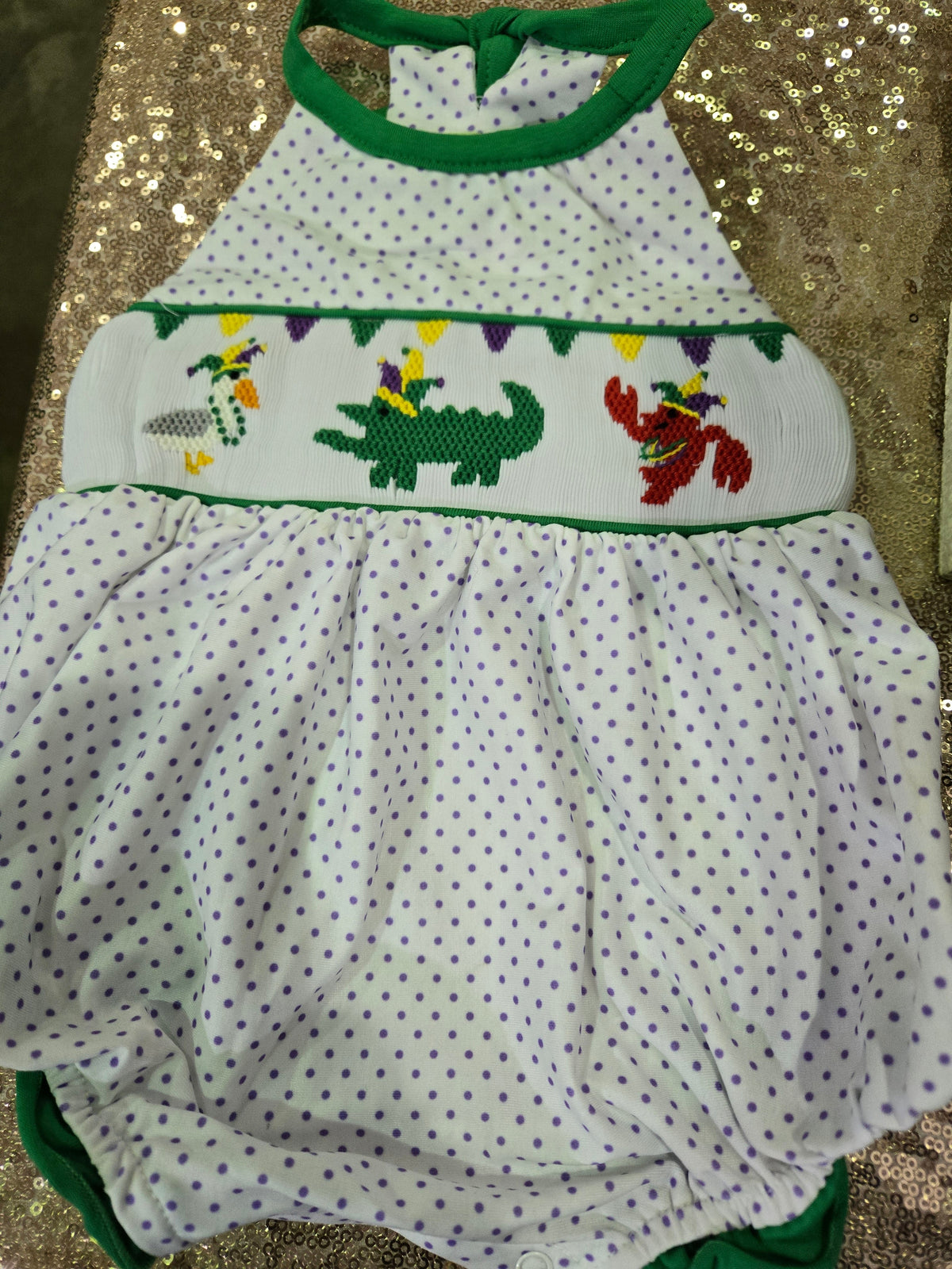 Mardi Gras Polka Dots Hand Smocked Girl Bubble Ambabie