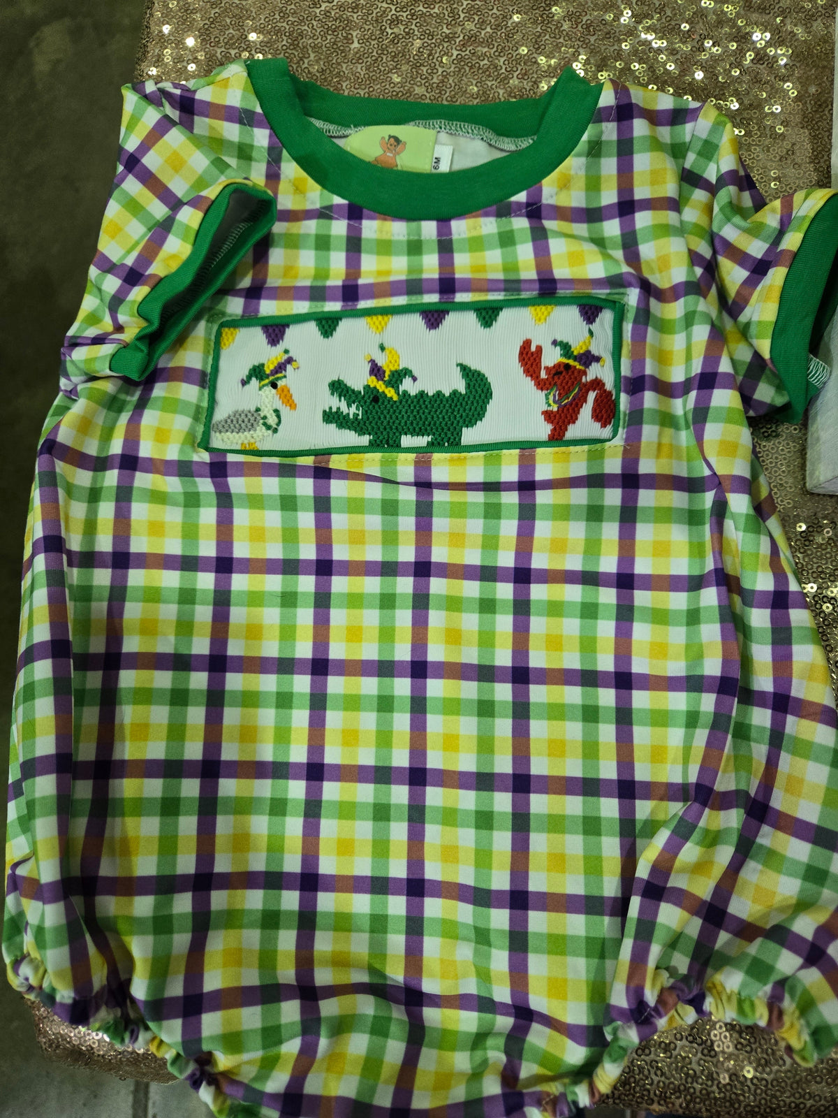 Mardi Gras Plaid Hand Smocked Boy Bubble Ambabie