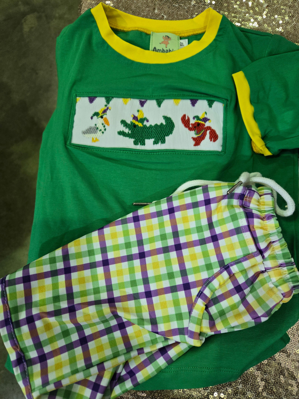Mardi Gras Plaid Hand Smocked Boy Short Set Ambabie