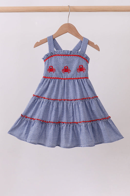 Blue Crab Embroidery Gingham Tiered Dress Honeydew