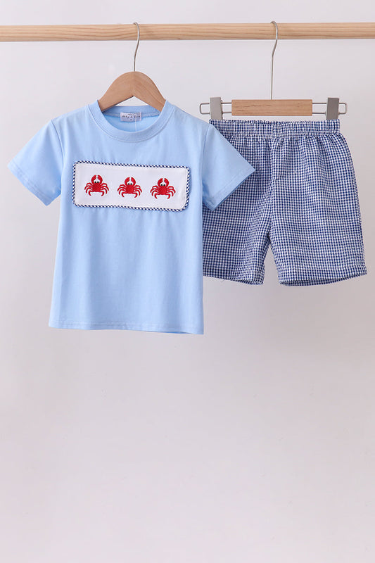 Blue Crab Embroidery Gingham Shorts Set Honeydew