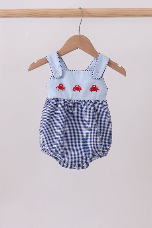Blue Crab Embroidery Gingham Bubble Honeydew