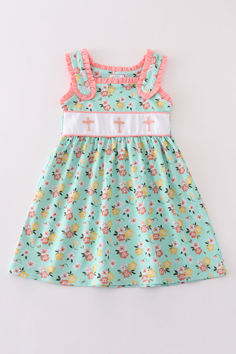 Premium Floral Green Cross Embroidery Dress Honeydew