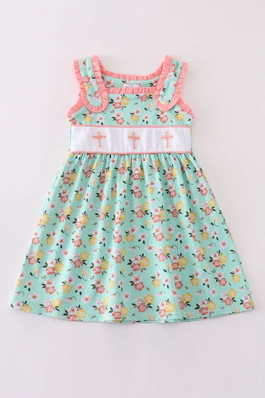 Premium Floral Green Cross Embroidery Dress Honeydew