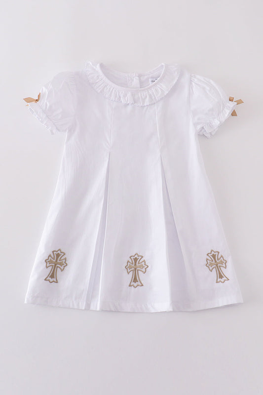Premium White Cross Embroidery Dress Honeydew