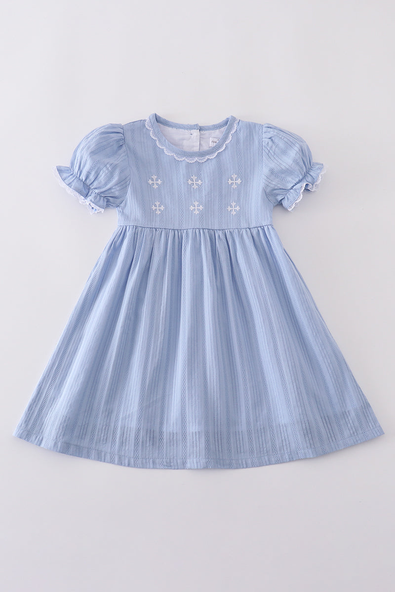 Premium Blue Cross Puff Sleeve Dress Honeydew