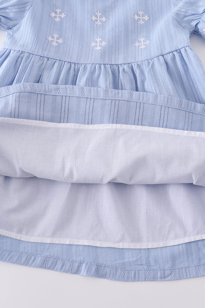 Premium Blue Cross Puff Sleeve Dress Honeydew