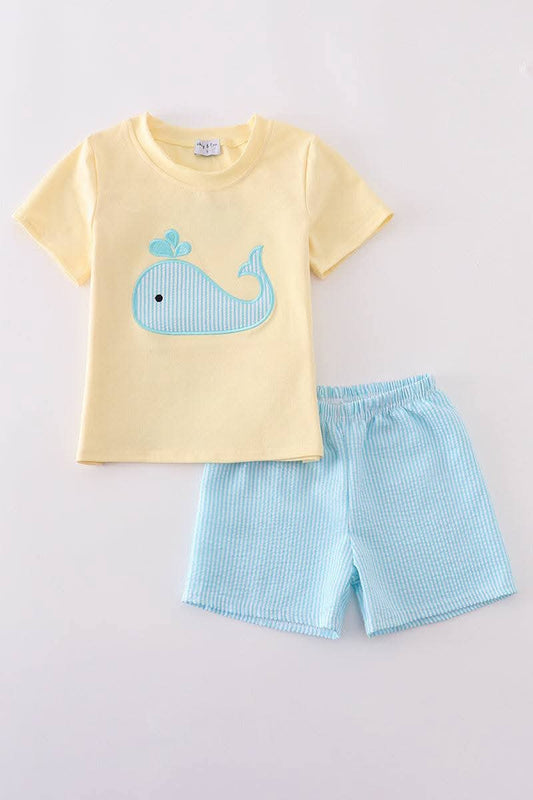Yellow Whale Applique Boy Set Honeydew