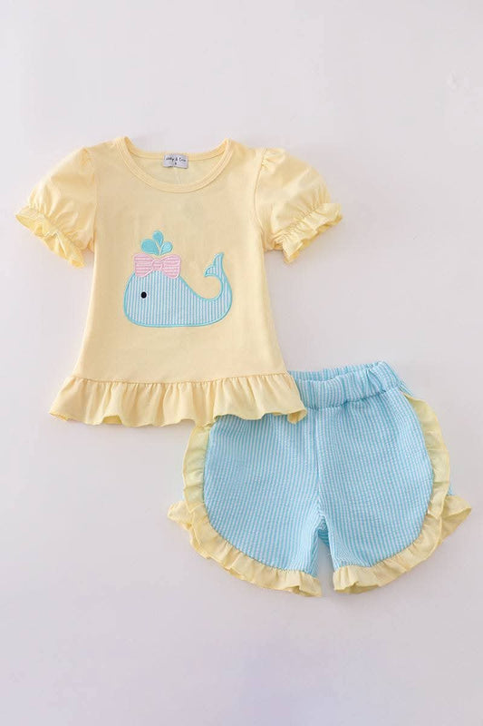 Yellow Whale Applique Girl Set Honeydew