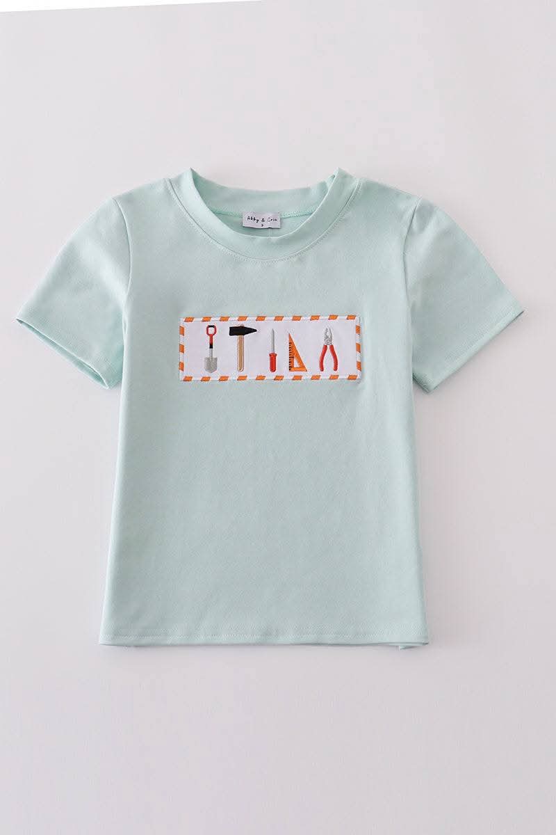 Blue Tool Embroidery Boy Top Honeydew