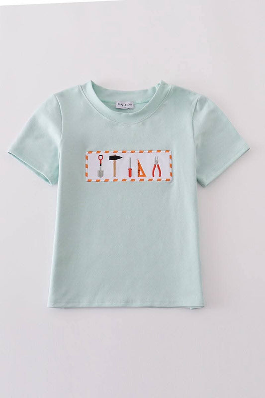 Blue Tool Embroidery Boy Top Honeydew
