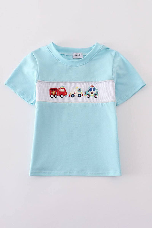 Blue Fire Truck Police Car Smocked Embroidery Boy Shirt Honeydew