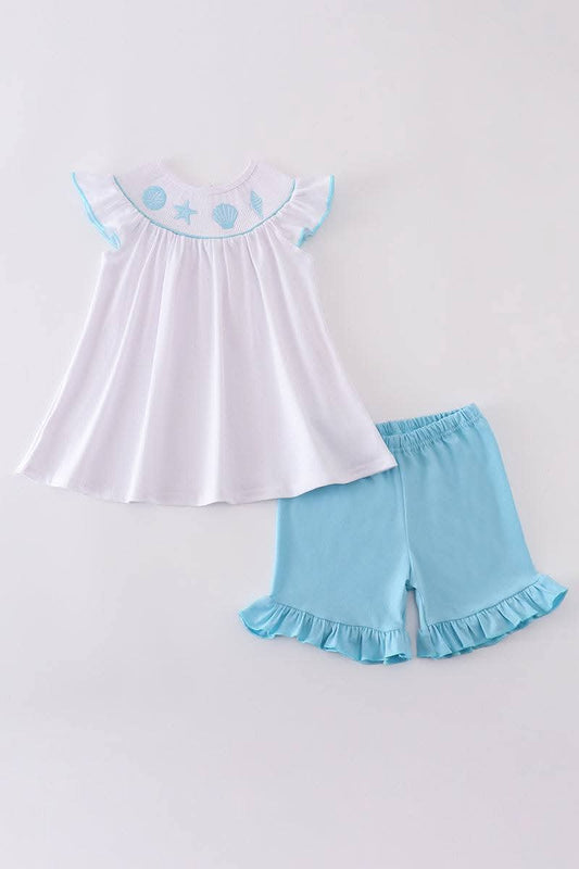 White Starfish Embroidery Smocked Set Honeydew