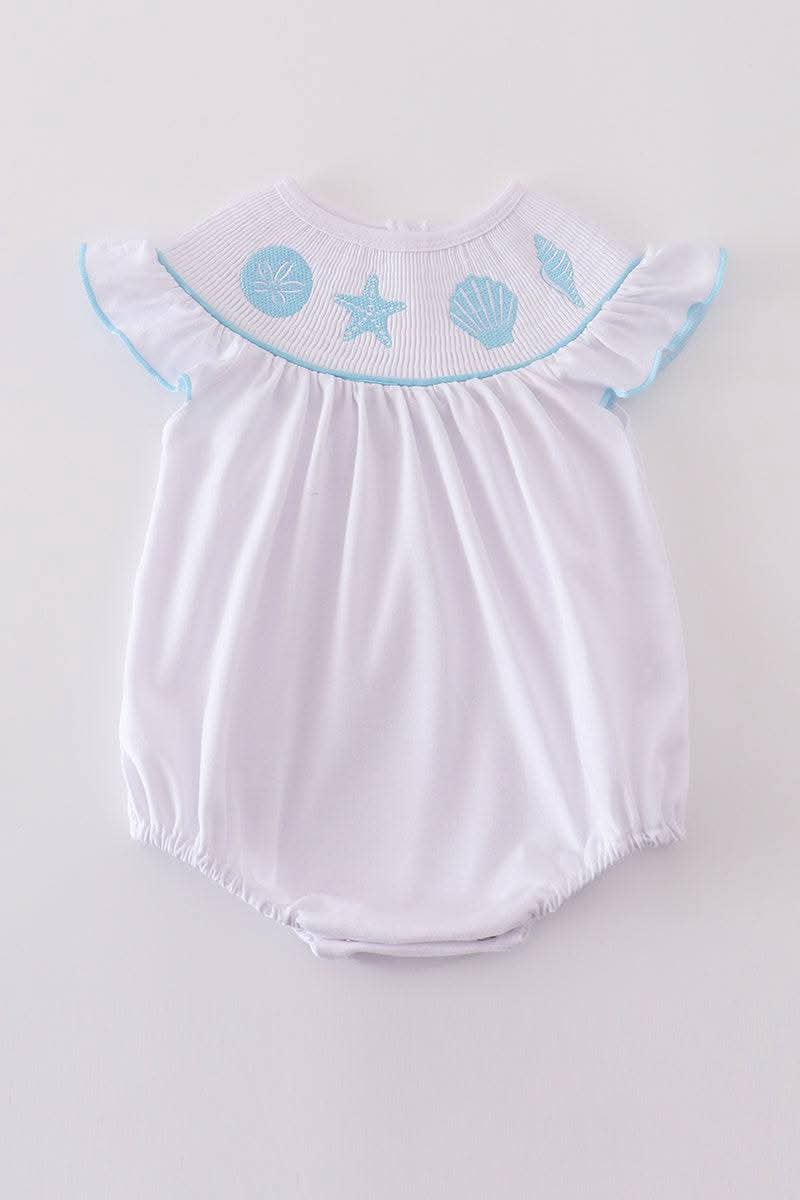 White Starfish Embroidery Smocked Girl Bubble Honeydew