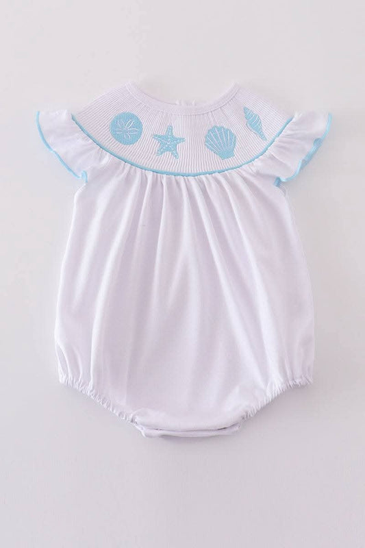 White Starfish Embroidery Smocked Girl Bubble Honeydew
