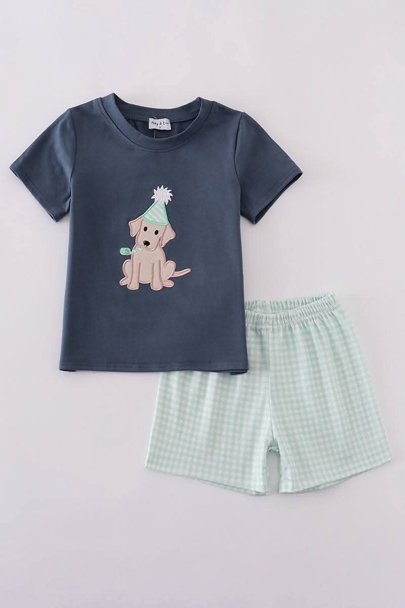 Navy Puppy Birthday Applique Boy Short Set Honeydew