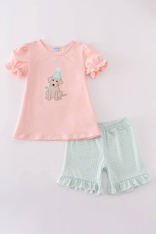 Pink Puppy Birthday Applique Girl Short Set Honeydew