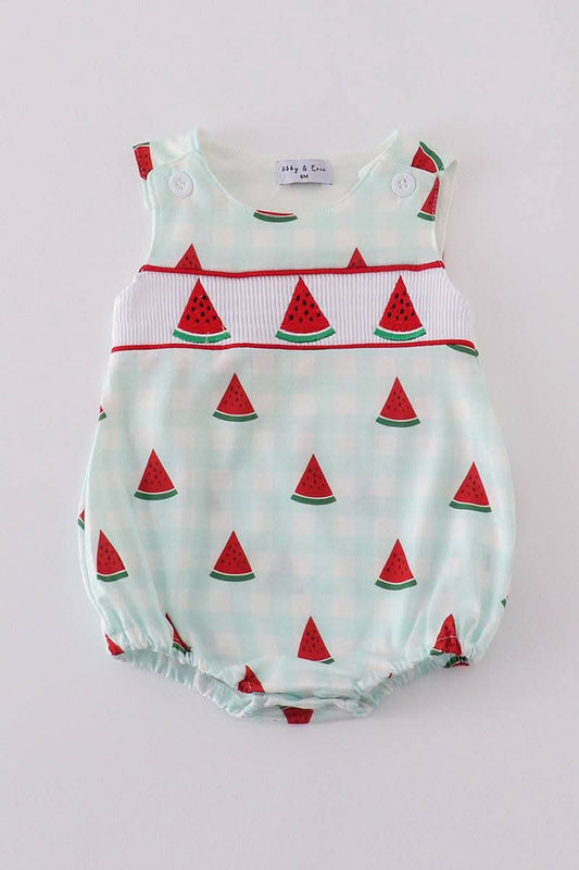 Red Embroidery Watermelon Smocked Boy Romper Honeydew