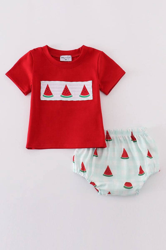 Red Embroidery Watermelon Smocked Boy Bloomer Set Honeydew