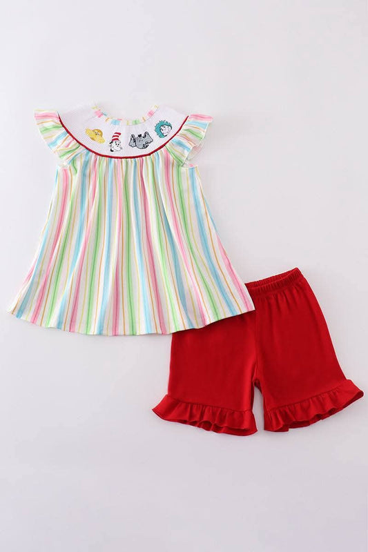 Stripes Dr S Embroidery Smocked 2 Pc Short Set Honeydew