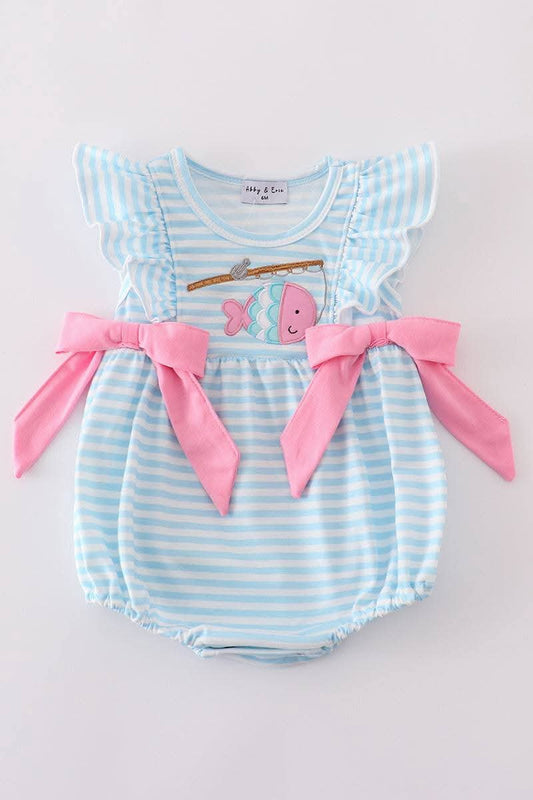Blue Stripe Go Fishing Applique Girl Bubble Honeydew