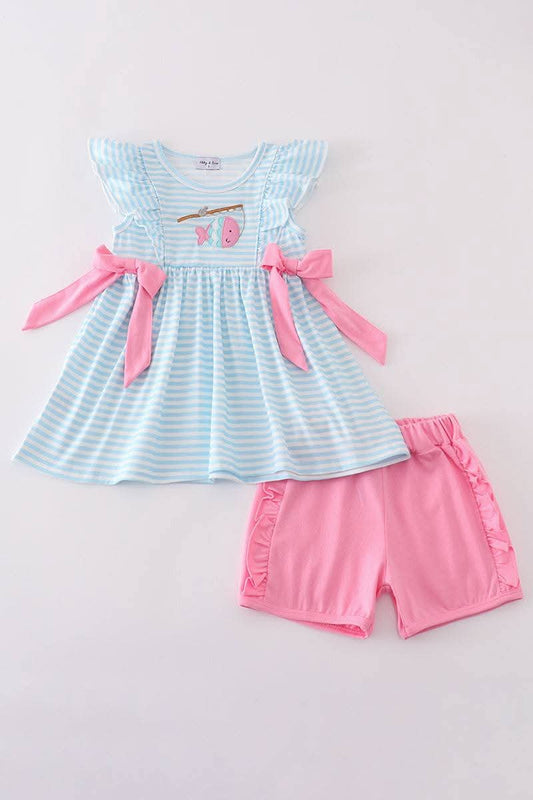 Blue Stripe Go Fishing Applique 2 Pc Girl Set Honeydew