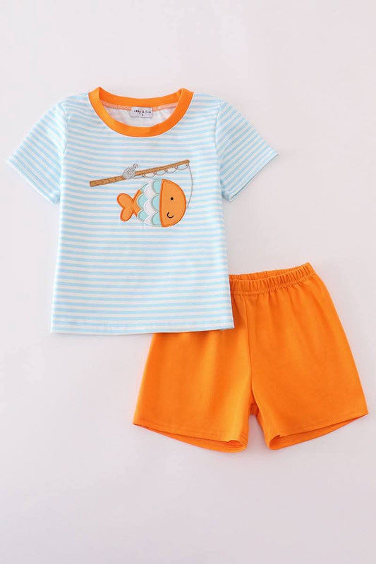 Blue Stripe Go Fishing Applique 2 Pc Boy Set Honeydew