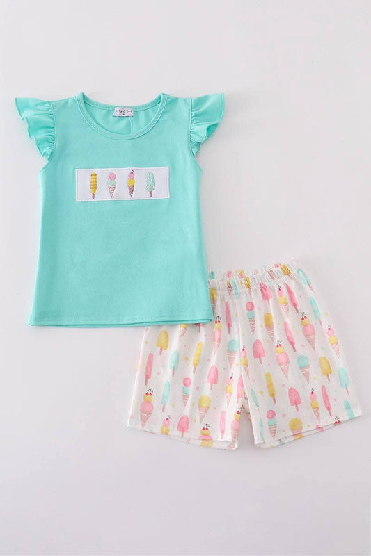Mint Ice Cream Embroidery Girl 2 Pc Girl Set Honeydew