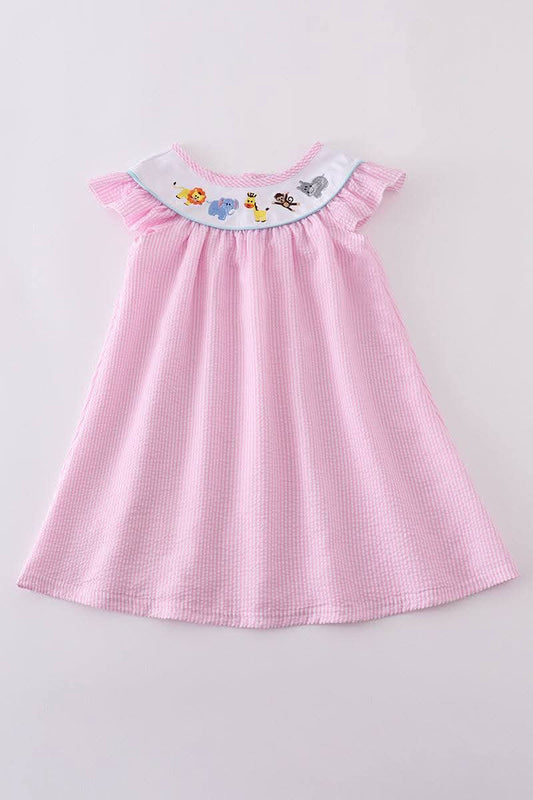Pink Seersucker Animal Embroidery Dress Honeydew