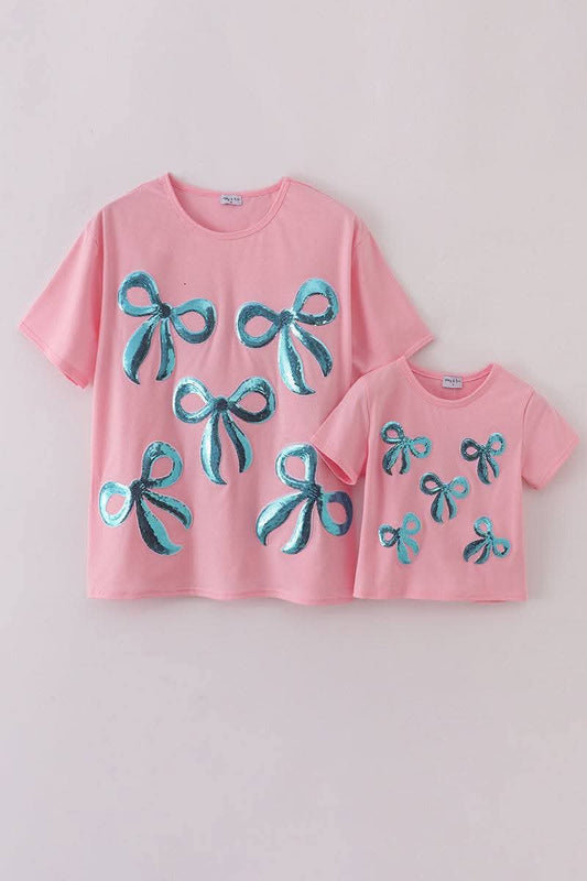 Bow Sequin Mom Shirt Honeydew