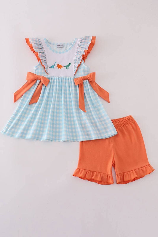 Blue Dinosaur Embroidery Gingham 2 Pc Girl Set Honeydew